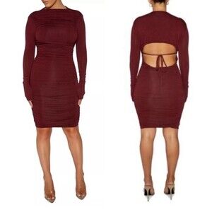 Naked Wardrobe Long Sleeve Ruched Tie Back Dress NWOT Size Medium Burgundy